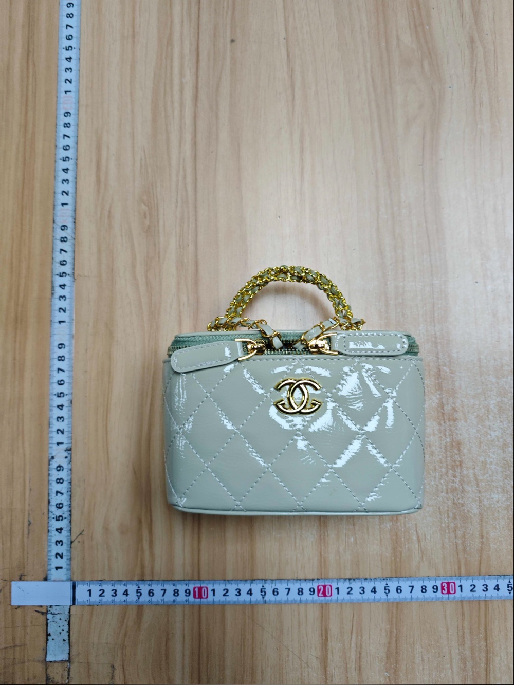 Chic Quilted Patent Top-Handle Bag in Cream with Gold Hardware